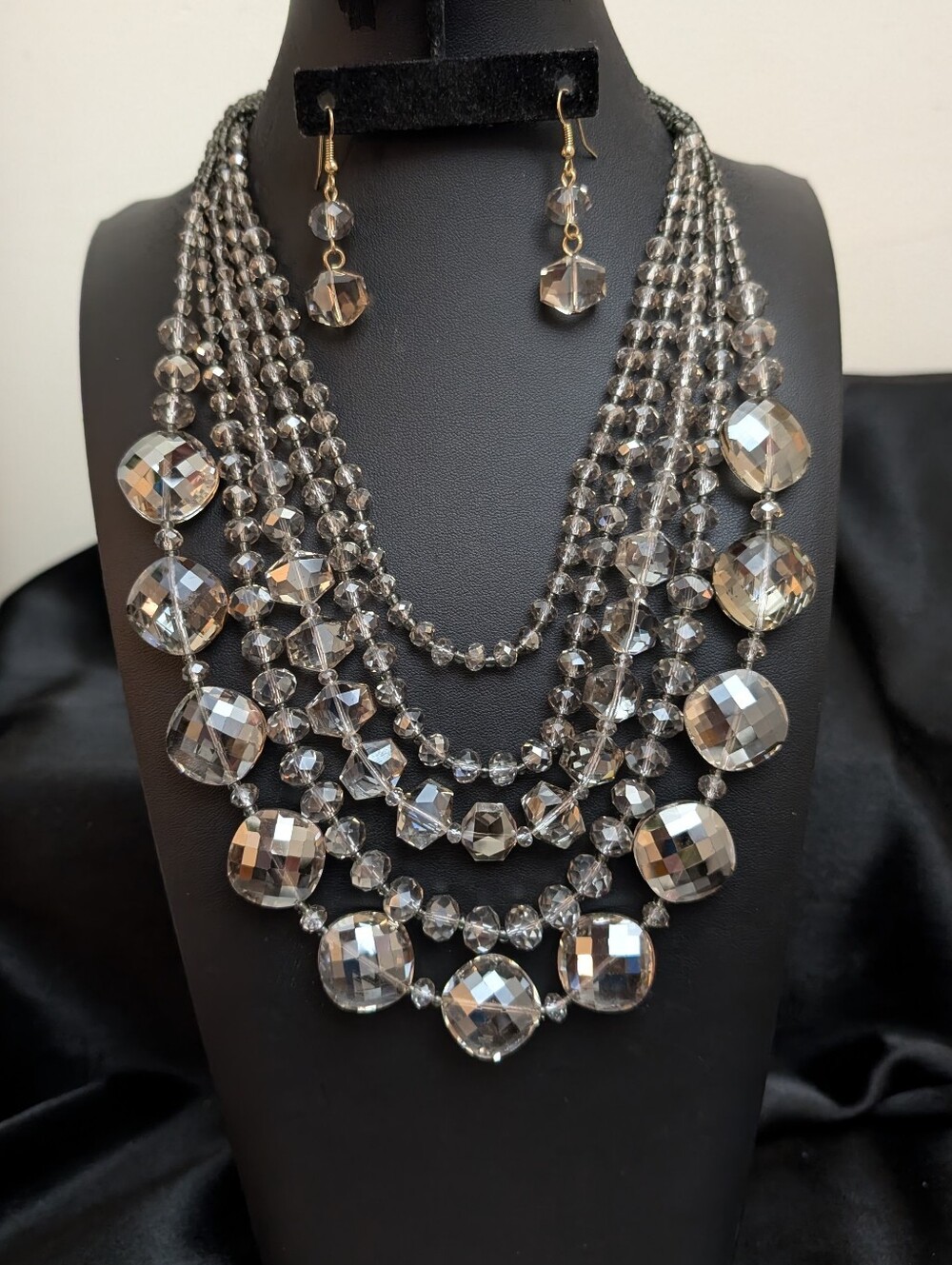 #2. Silver Grey Five Strand Crystal  Necklace and Earring Setn
